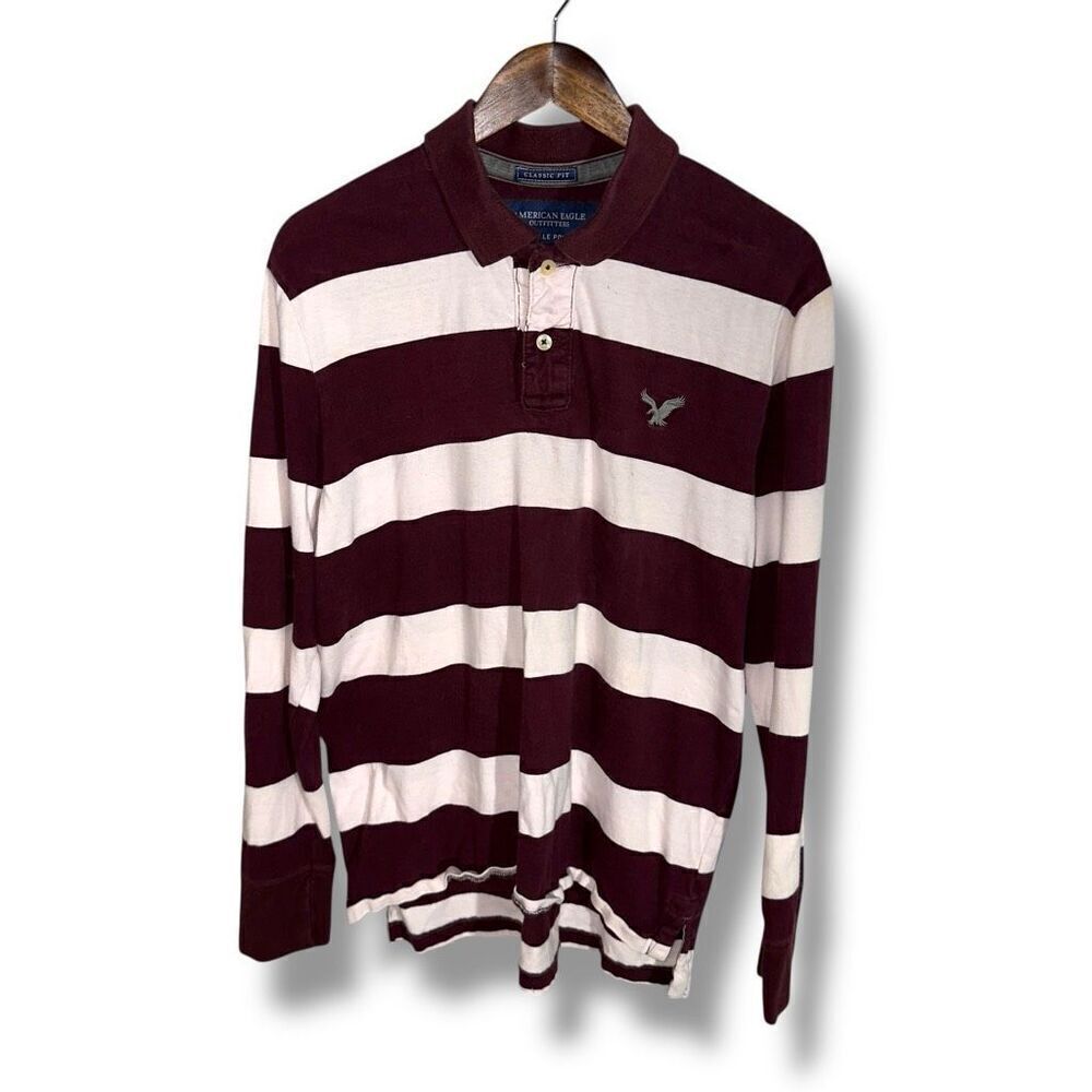 American Eagle Burgundy & White L/S Rugby Polo Shirt Sz L
